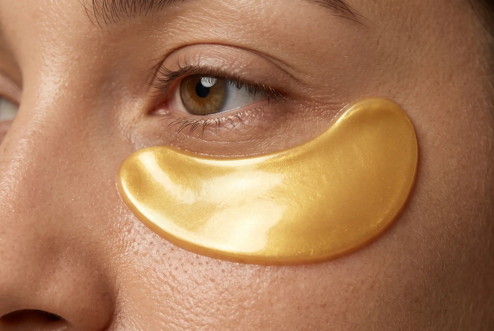 Macro view of a gold hydrogel crescent moulded under an eye, fine lines and pores left visible.