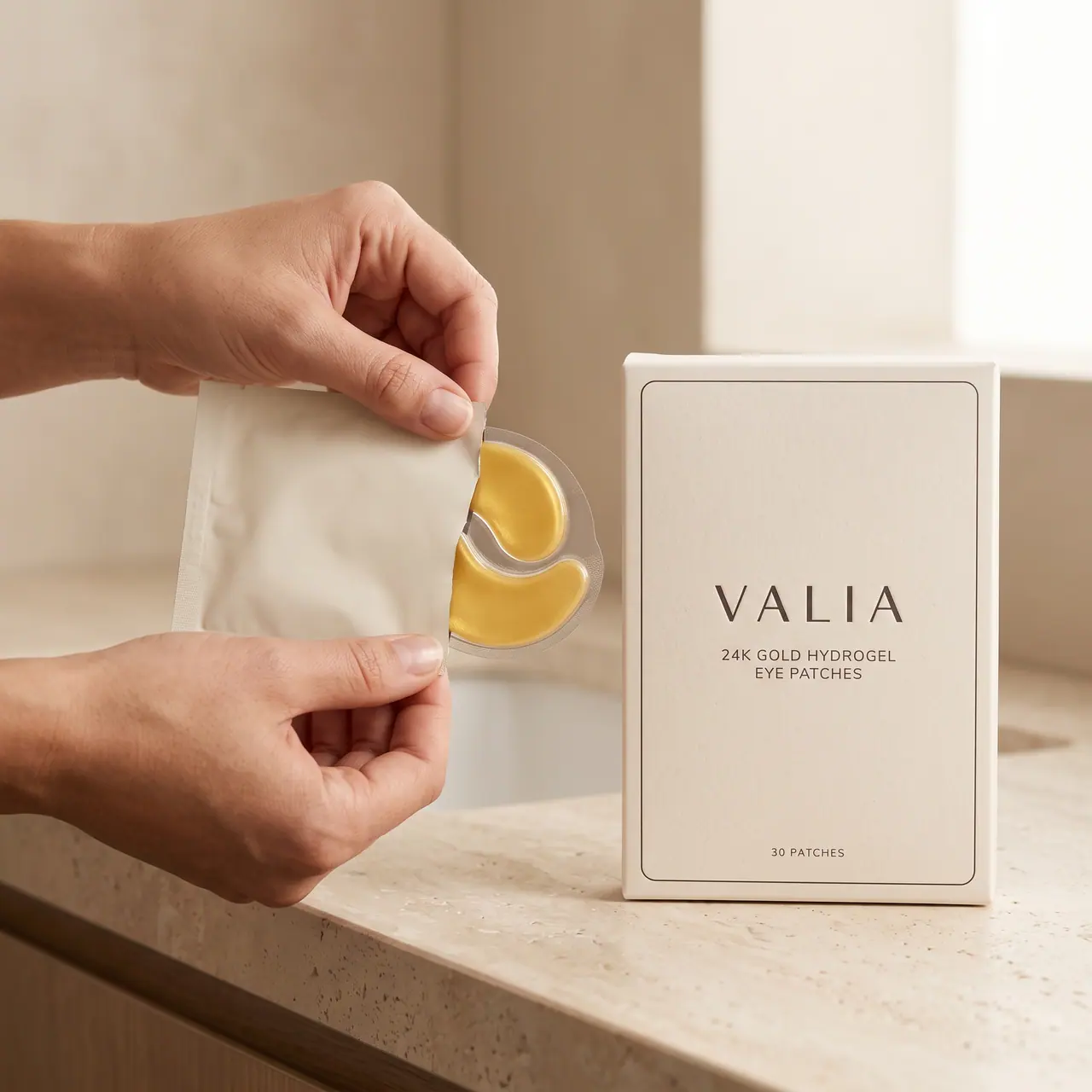 Hands tearing open a cream sachet, two gold crescents inside, the VALIA box standing on the counter.